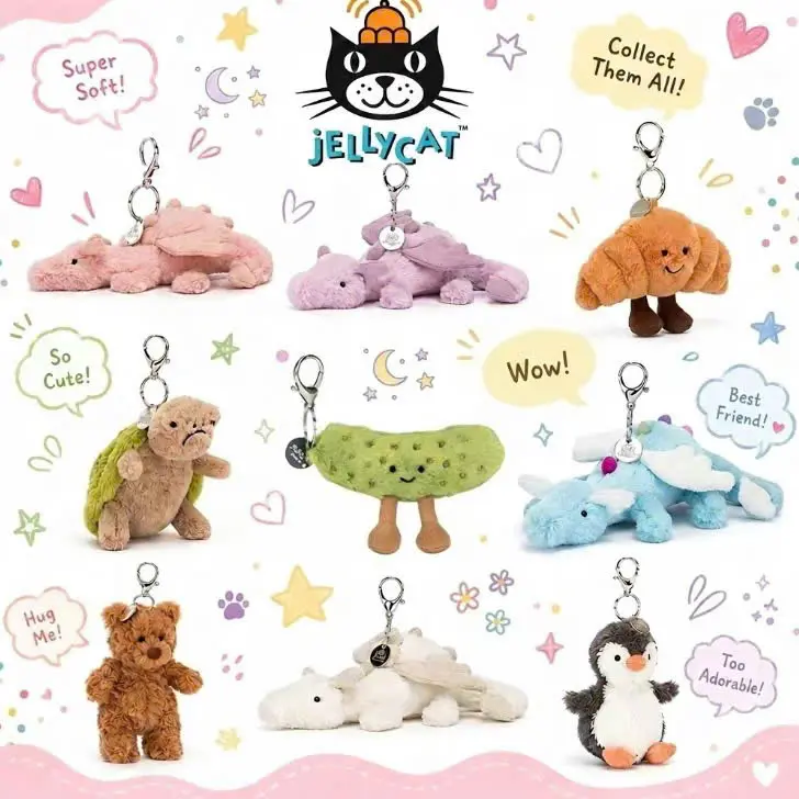 Jellycat Mini Plush Keychain - Adorable Cuddly Toy Charm, Soft Kawaii Plush Bag Accessory, Cute Gift for Her, Friends & Collectors