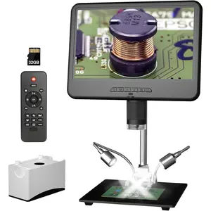 LM210 10.1'' LCD  Digital Microscope Full View for Error , Soldering Microscope Camera for Electronics Repair, 260X Adults  Magnifier with Lights, 12.6'' Stand, 32G