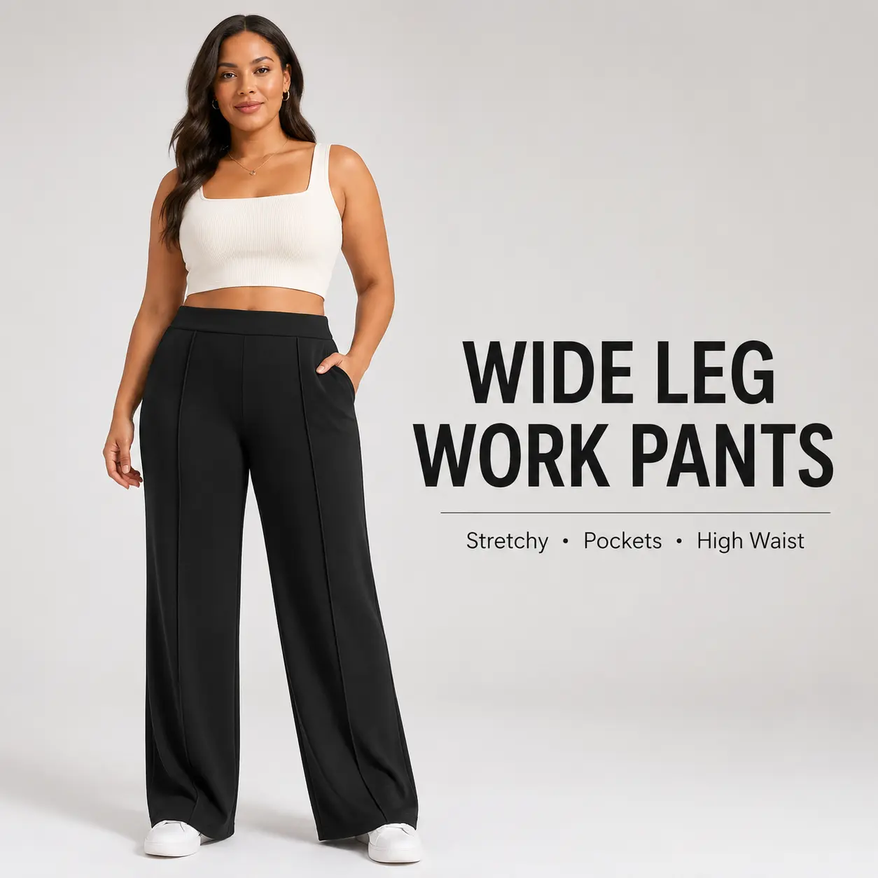 DLOODA Women's High-Waisted Pull-On 4-Way Stretch Pants, Plain Wide-Leg Loose-Fitting, Casual Comfy Stretch Fabric, Slant Pockets, Full-Length All-Black, Multi-Size, All Seasons, Machine Wash, Easy Movement