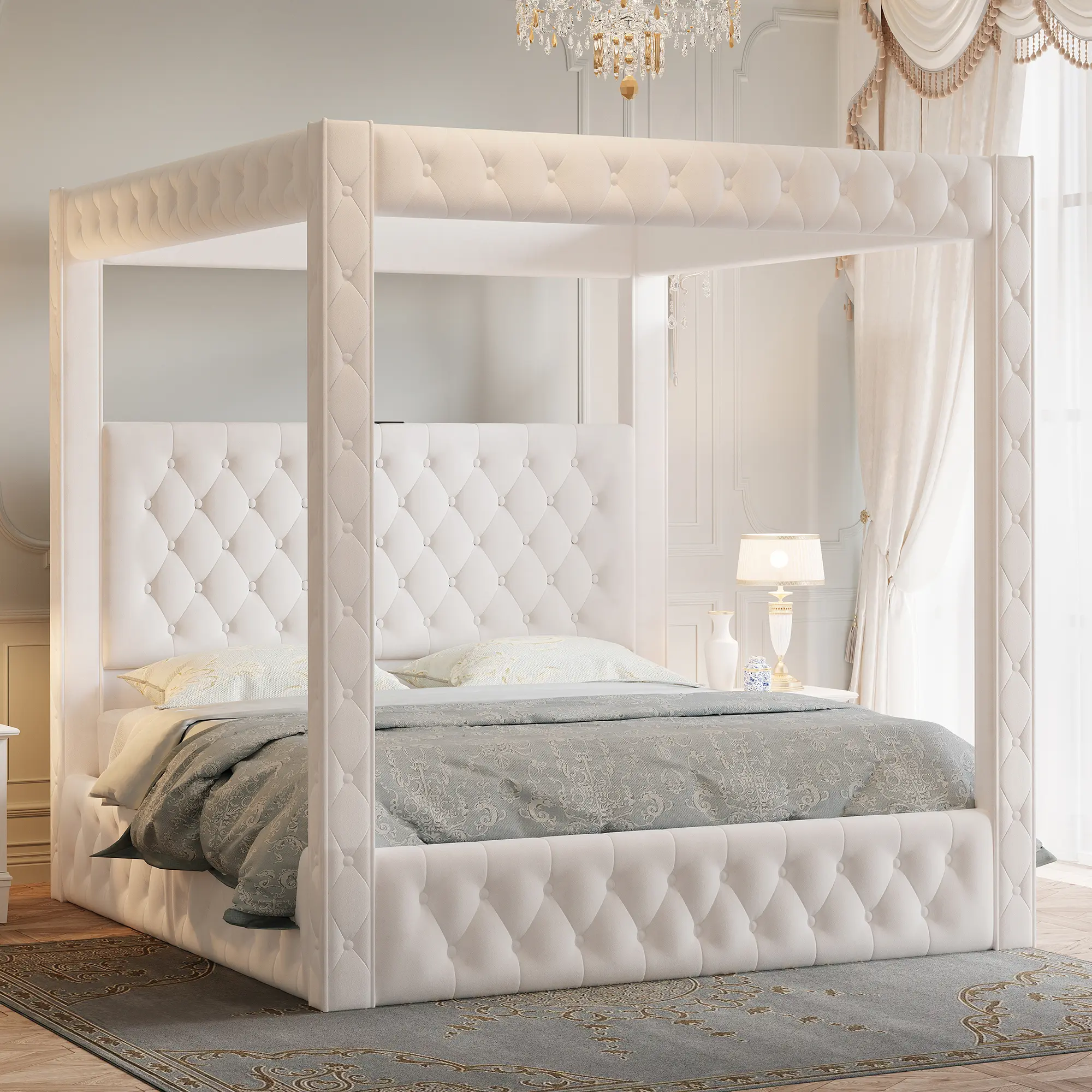 [SummerSale] AMERLIFE Canopy Bed Frame with 74.8" Tall Four-Post Design and 51.2" Deep-Tufted Velvet Upholstered Headboard with Charging Station/Modern Light-Luxury Style/No Box Spring Needed