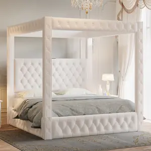 [Summergarden][Fathersdaygift] AMERLIFE Canopy Bed Frame with 74.8" Tall Four-Post Design and 51.2" Deep-Tufted Velvet Upholstered Headboard with Charging Station/Modern Light-Luxury Style/No Box Spring Needed