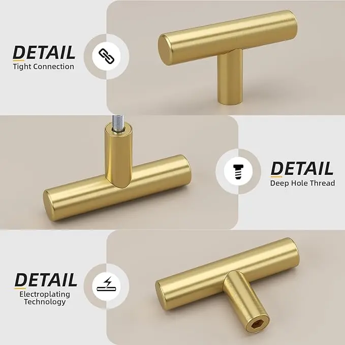 10-Pack Brushed Brass Gold Accent Doorknobs - Single Hole Stainless Steel Metal Plated Handles, LS201GD 2in Overall Length for Kitchen Cupboards, Dressers, Wardrobes, Drawers with Minimalist Aesthetic