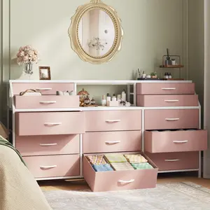 Homkdom 55"W Dresser with 13 Deep Fabric Drawers & 2 Open Shelves, Long Storage Chest for Bedroom, Entryway, Dorm Room, Large Vanity Organizer