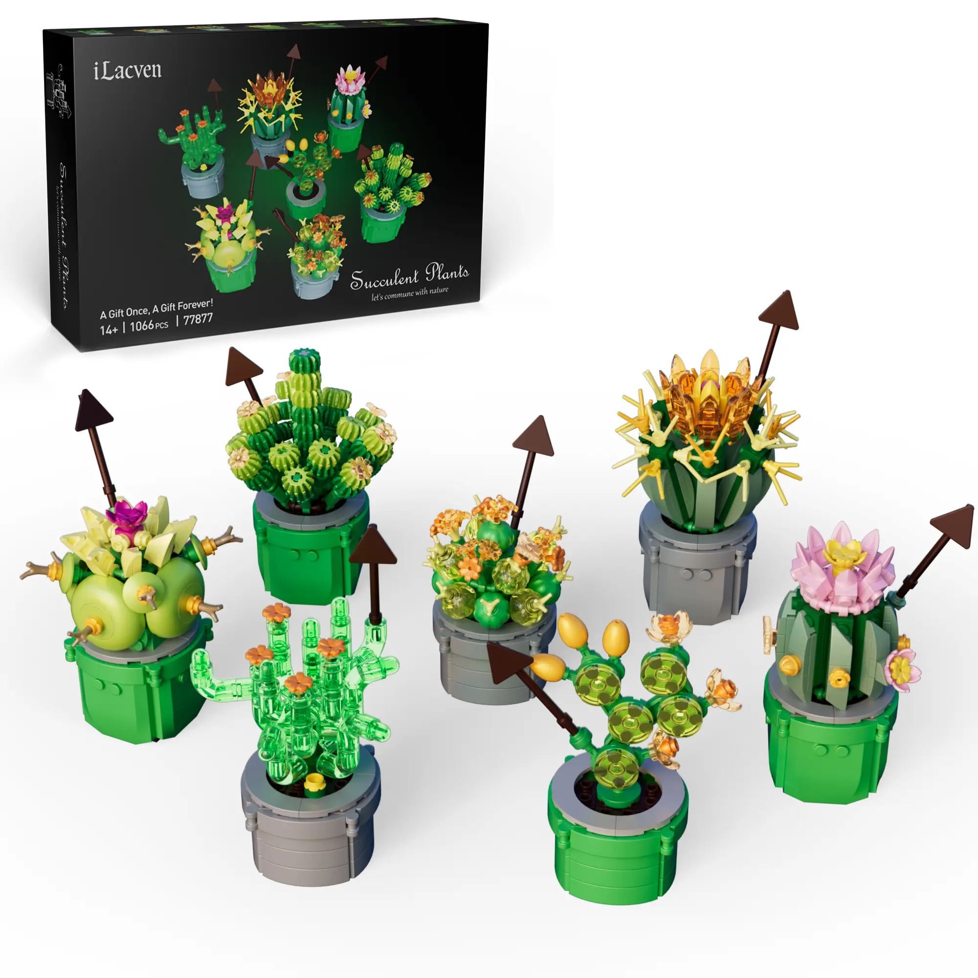 iLacven 7-Pack Botanical Bonsai Flower & Succulent Mini Building Block Toy Kits, 1066 Pcs, Ages 6+, Kids' Party Favors & Birthday Gifts