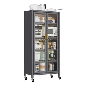 Grey Floor-to-Ceiling Open-Door Kitchen Cabinet, Multilevel Storage Unit for Microwaves and Bowls, Household Side Storage Furniture