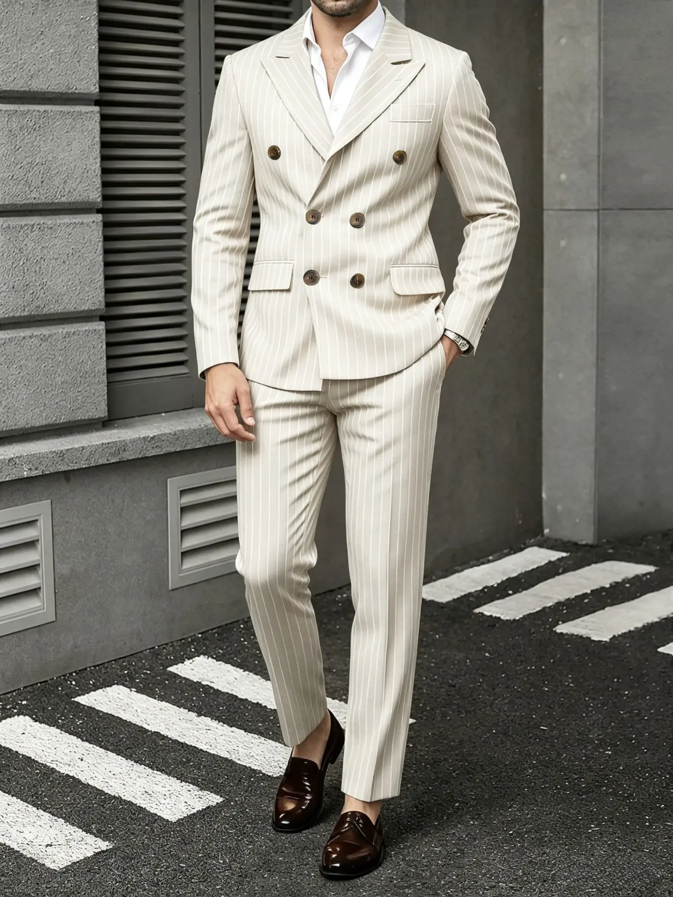 Men's 2-Piece Blazer Set, British Style Striped Double-Breasted Suit Jacket and Pants, Formal Business Casual, Wedding Party, Evening Event
