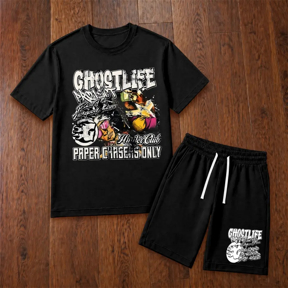 Men’s Y2K-American Street & "GHOSTLIFE" Hip-Hop Printed Casual Short Sleeve T Shirt and Shorts Set, Summer 2 Piece Outfit, Soft Breathable Matching Set with Drawstring Shorts for Beach, Outdoor Activities, Travel, Workout, and Everyday Style