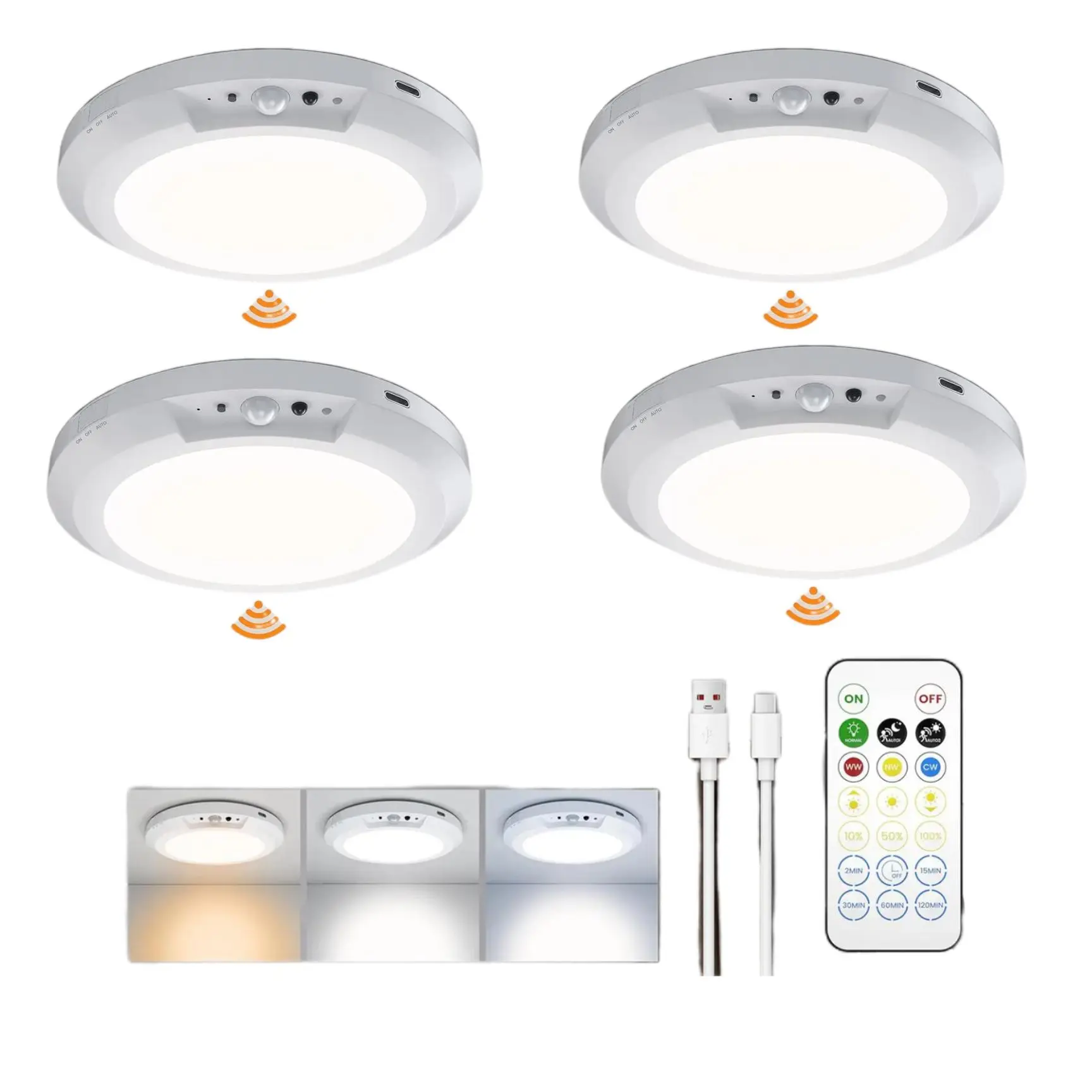 4-Pack Dimmable Motion Sensor LED Ceiling Lights, Wireless Remote-Controlled Lithium Rechargeable Spotlights with Magnetic Base, 10000mAh Long Battery Life, 10-Level Dimming Cool White, 7-10H Runtime, Auto Shut-Off, Easy Wireless Setup for Closet, Stairs