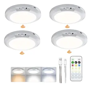Pack of 4 Rechargeable Motion Sensor Ceiling Light with Remote - Magnetic Wireless Ceiling Light Battery Powered for Closet Shower Stairs Shed Hallway Porch Patio ect,Suitable for various scenarios, easy to install,Supports both motion-sensing and always