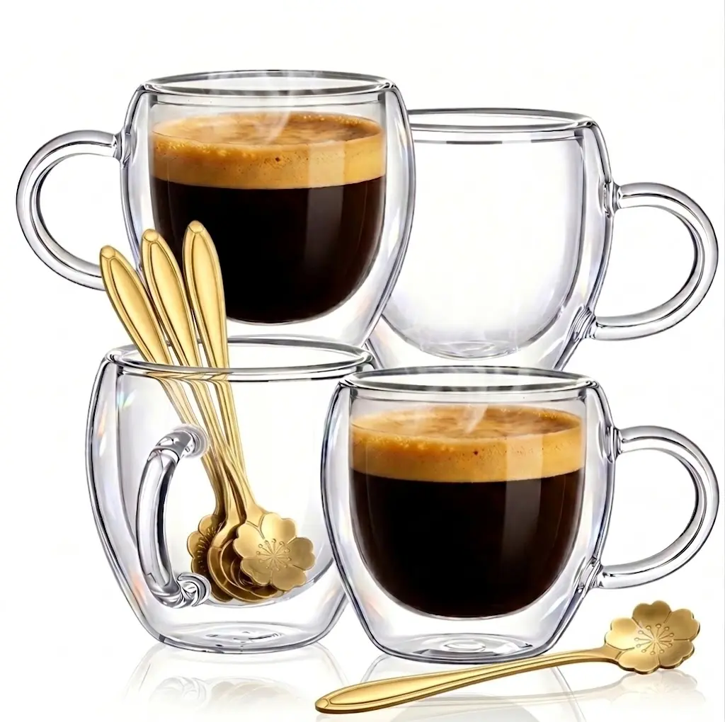 4-Piece Set 5oz Double Walled Borosilicate Glass Mugs with Handle and 4 Designed Spoons- Heat Resistant, Condensation Free, 5 oz Espresso Cups Tea Mugs, Perfect Gift ice