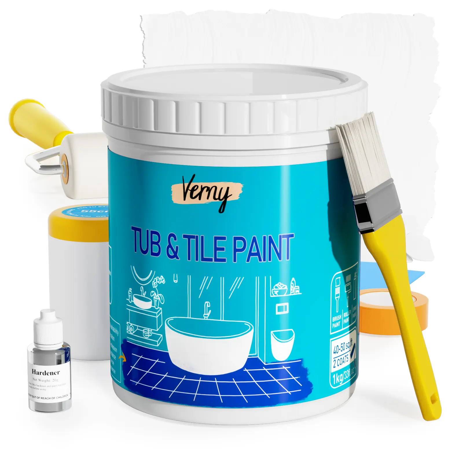 VERNY Water-Based Tub & Tile Refinishing Kit with Tools, White Low-Odor Bathtub Paint for Home Improvement Projects, 35oz Safe for Sensitive Noses Covers 50-55 sq ft