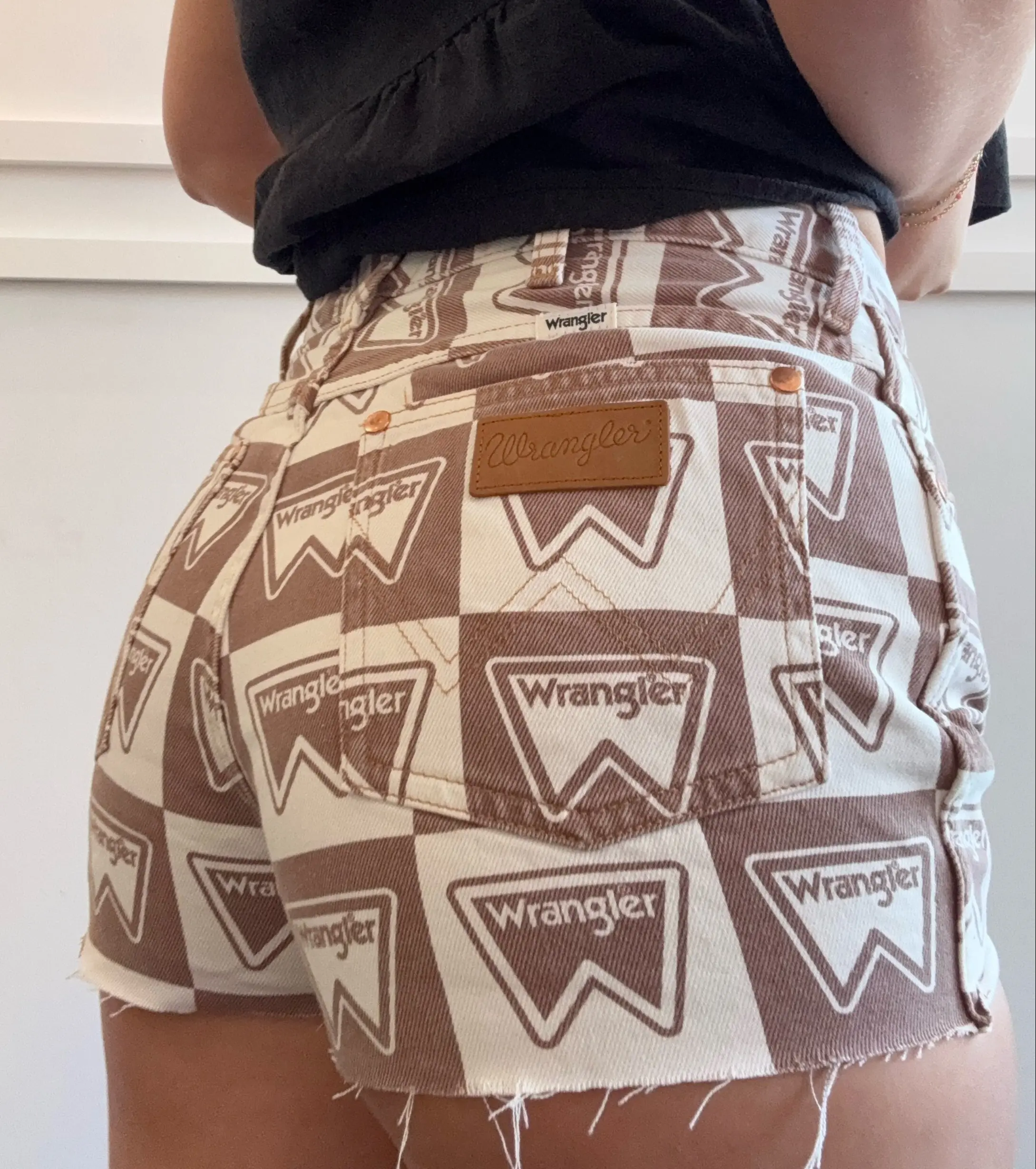 Wrangler Women's Cotton Vintage Patch Tan Shorts - Festival Bottoms, Women's Clothes, Vintage Clothing, Festival Wear, Breathable Cotton Shorts, High Rise Shorts