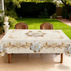 BLIOWL Floral Printed Tablecloth Adorned With Delicate White Roses And Golden Foliage Patterns,This Tablecloth Is Machine-Washable And Ideal For Decorations At Weddings, Anniversaries,Birthday Parties,Dinners,Banquets,Picnics And Family Gatherings