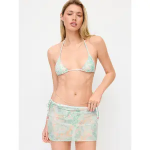 Cider Halter Neckline Tie Dye Bead Tie Side Triangle Low Rise Bikini Set With Skirt