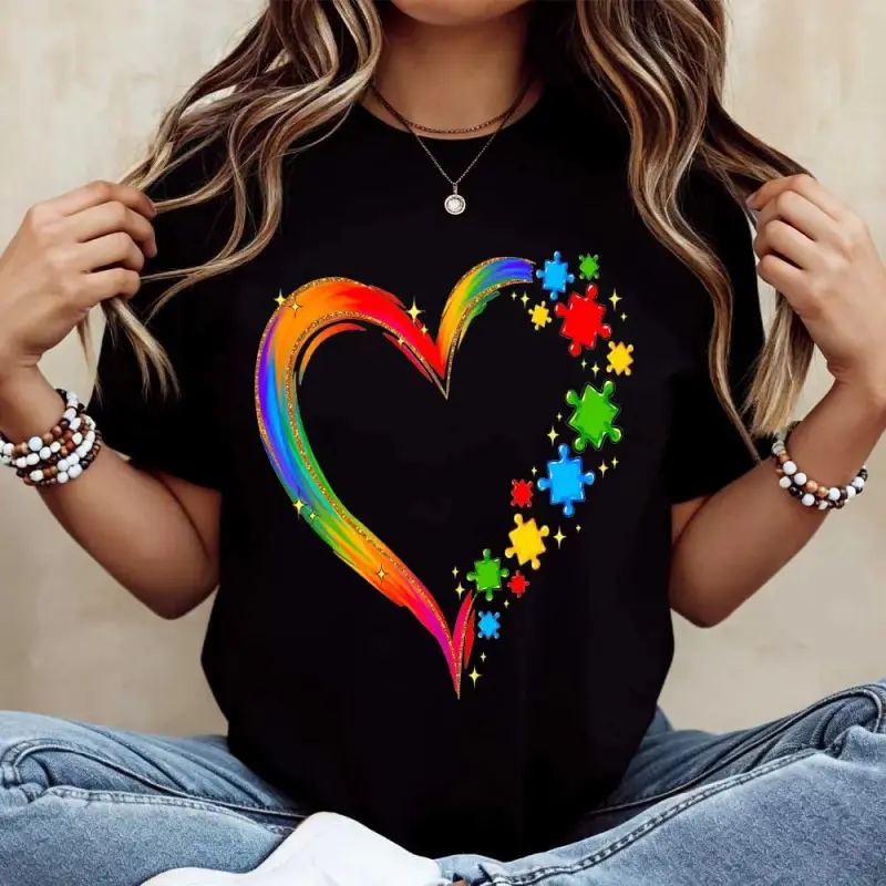 Autism Awareness Short-Sleeve Round Neck Sports Top - Rainbow Heart & Puzzle Pieces Print, Casual Loose-Fit Streetwear T-Shirt for Daily Wear, All Seasons, Shortsleeve