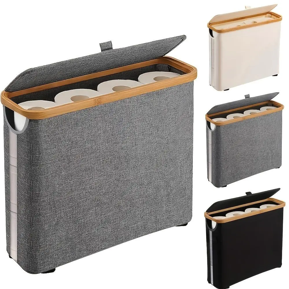Large Bamboo Toilet Paper Holder & Storage Cabinet - Wood Suitable for Bathroom, Holds 9 Rolls with Lid, Modern Bamboo Roll Storage Basket, No Installation Required, Space-Saving for Toilet Paper Rolls (Bamboo Lid), Including Random Color
