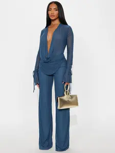 Women's Fashion Casual Two-Piece Set, Deep V Mesh Top & Wide Leg Pants, Trendy Sleeve Tie Design, Perfect for Daily Wear