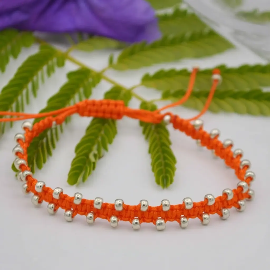 Orange Macrame Bracelet with Galvanized Silver Seed Beads