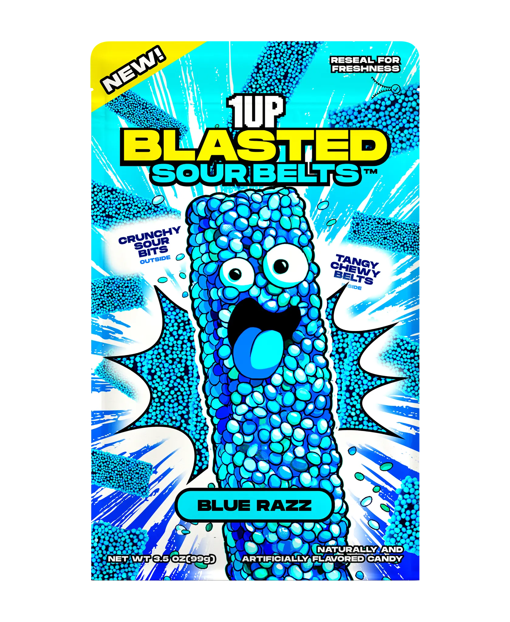 1UP Candy Blasted Sour Belts – Blue Razz | Crunchy-Coated Sour Candy Strips (1, 6 or 10 Pack)