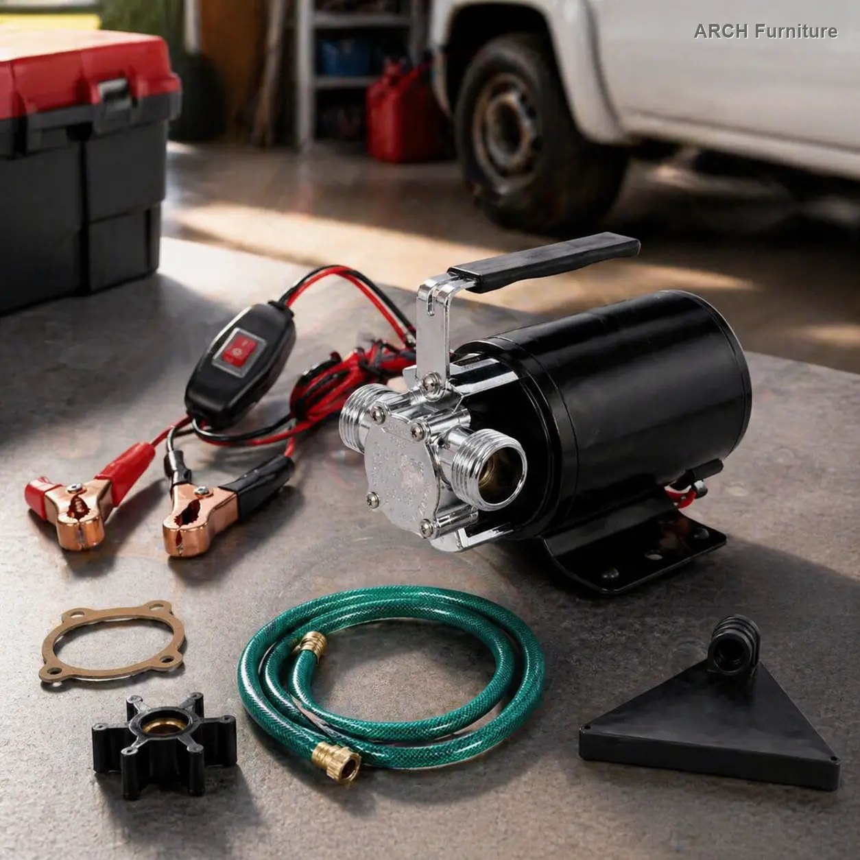 ARCH DC 12V 1/10HP 330GPH Battery-Powered Mini Portable Electric Sump Suction Pump, Multi-Function Utility Transfer Water Pump with Black Water Hose Kit, Sump Pumps
