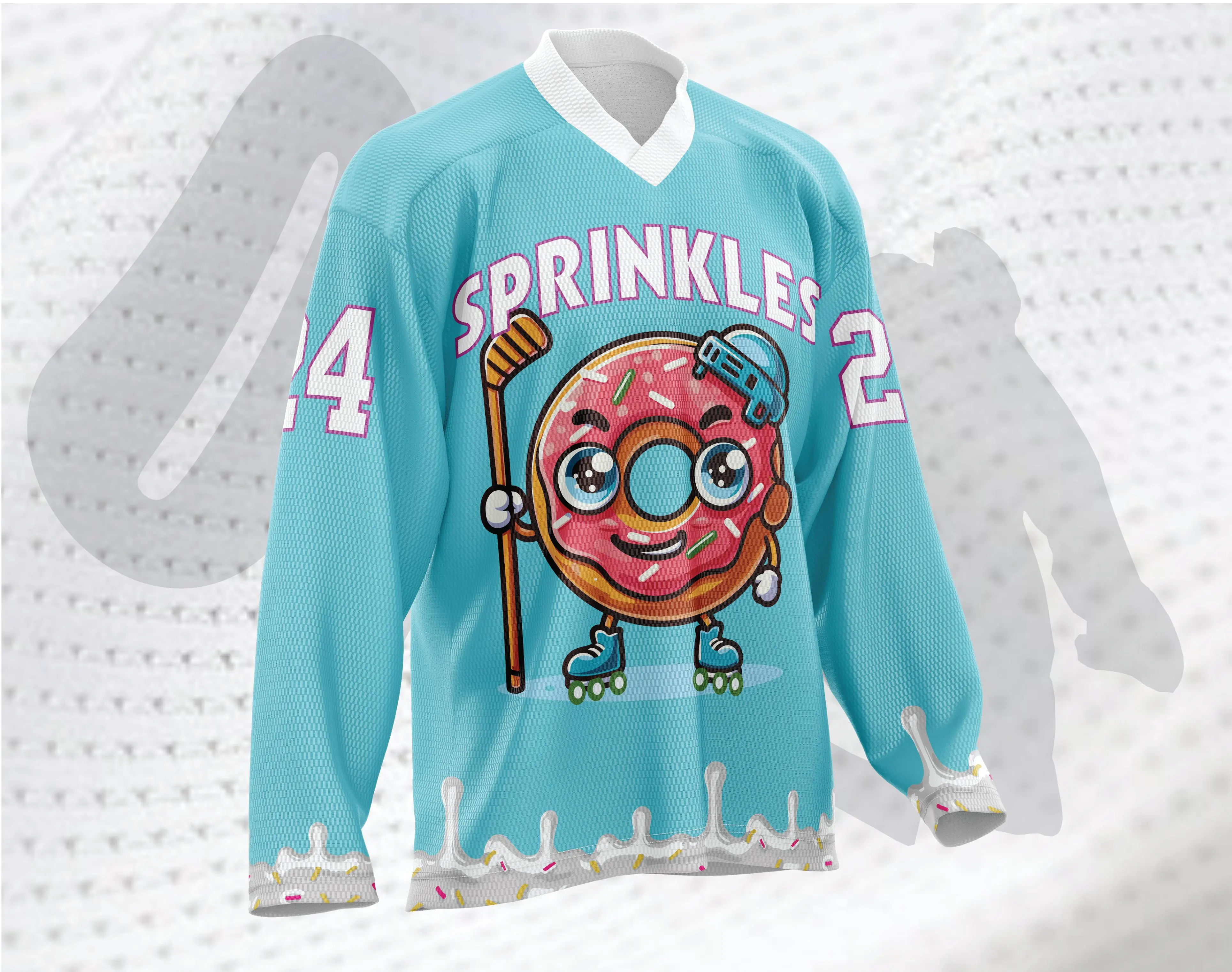 Sprinkles Ice Hockey Jersey Donut-Themed Goalie Cut Sublimation Custom Name Number 3 Sizes Available Bold Colors 100% Polyester