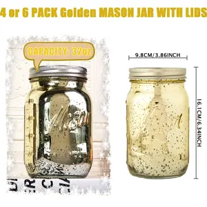 4/6 Pack 32 oz Gold/ Pink/ Blue/ Green/ Amber Wide Mouth Mason Jars for Pickling, Canning, Fermenting and Food Storage For Storing All kinds of Food Containers Canister