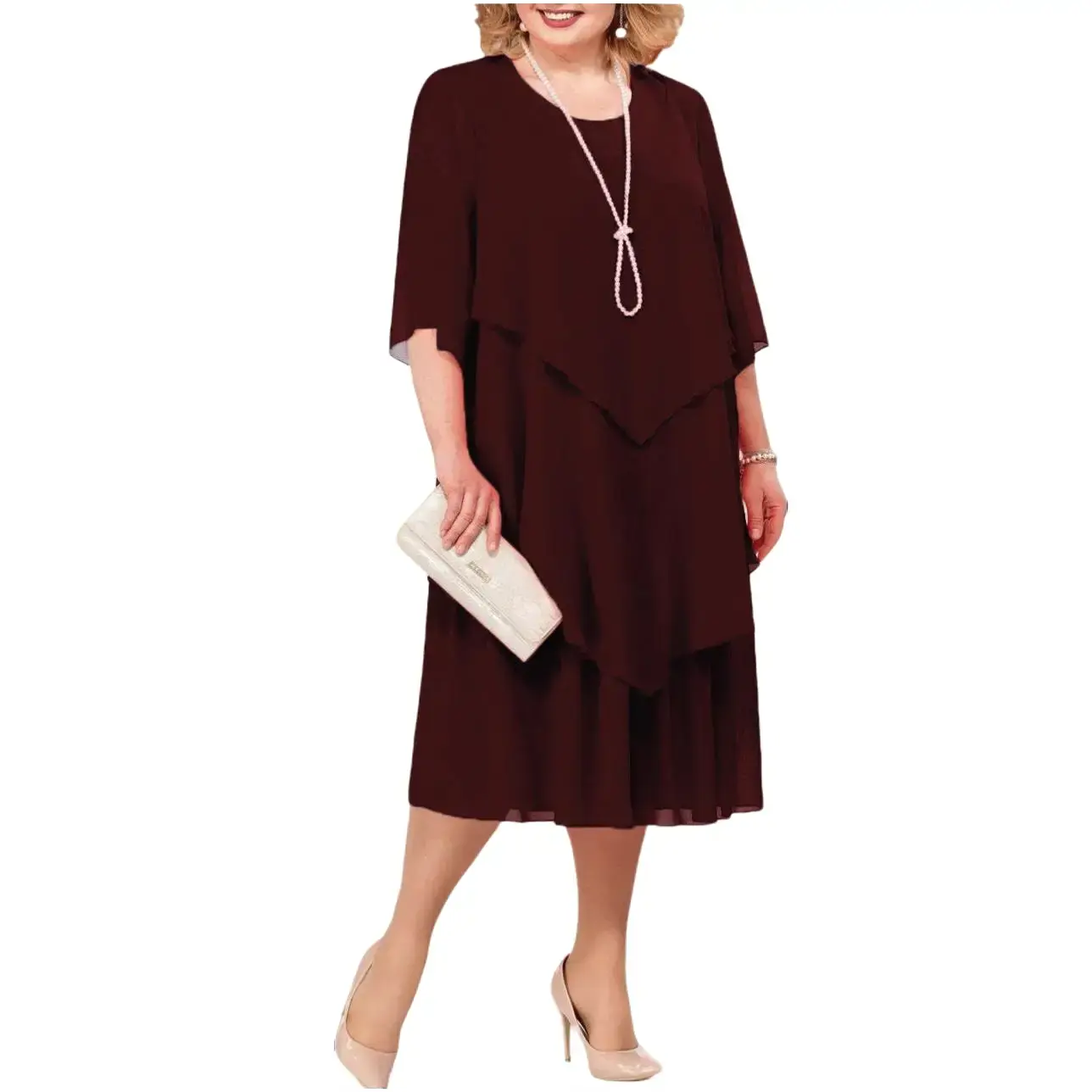 Plus Size Evening Gown, Elegant Plain Chiffon Maxi Dress for Women with Half Sleeves, Tiered Ruffles and a Tummy-Concealing Style