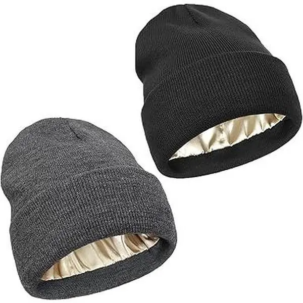 Silk Satin Lined Beanie for Women & Men – Winter Warm Knit Hat with Soft Inner Lining, Cuffed Style for Natural Hair Protection