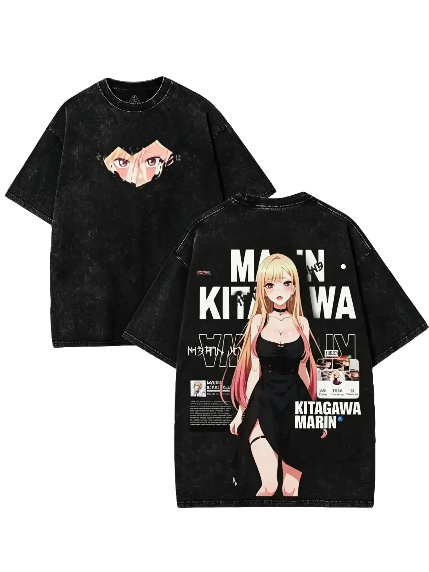 Women's Vintage Acid Wash Crew Neck Anime Graphic Tee, Oversized Marin Kitagawa My Dress Up Darling Heavyweight Unisex Waifu Streetwear T-Shirt