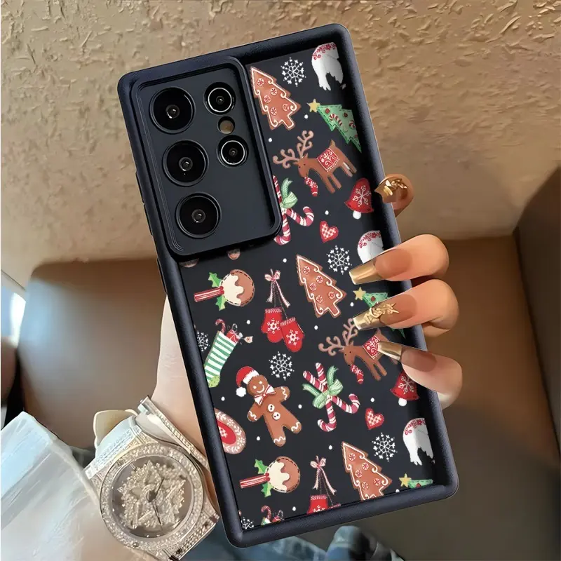 Christmas Gingerbreadman Reindeer Tree Candy Pattern TPU Phone Case for Samsung Galaxy S23 Ultra S24 Plus S25 S22+ Shockproof Non Slip Military-Grade Protection Silicone Cover Smartphone Casing