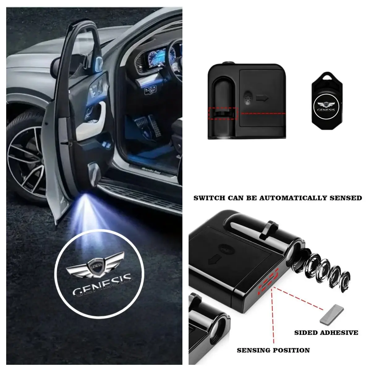 4-piece Genesis car logo door projection lights, LED welcome courtesy lights, Car door projector lights, Pasted and used immediately with non-destructive installation, suitable for Genesis G70, G80, G90, GV60, GV70, GV80
