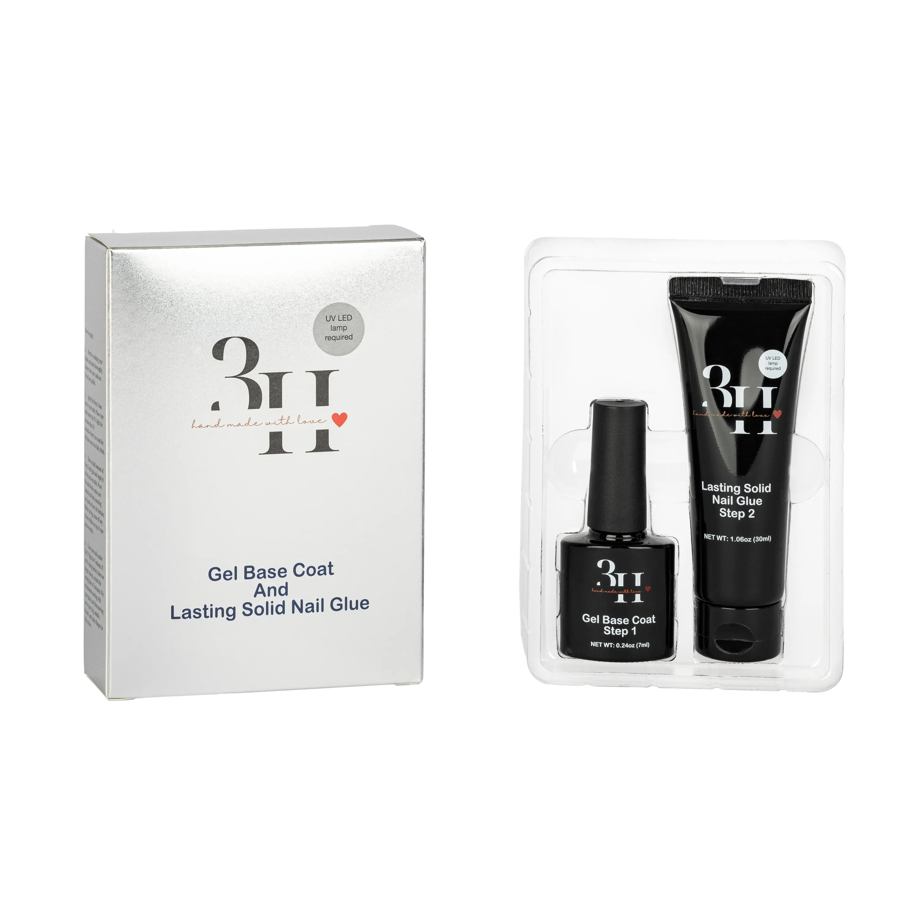 3H Strong Nail Adhesive Gel Base Coat - Essential Grip, Long-Lasting Hold No-Lifting Formula, Works with Most Press-On Nails, LED Cure Required, 1.06 oz (Adult-Use, 3D Designs, Rhinestones)