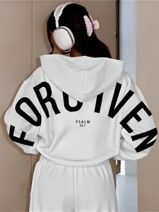 Women's Hooded Drawstring Long Sleeve Fitted Sweatshirt Pullover, Forgiven Print, Fashion Streetwear, Casual Youth Sportswear, Fall & Winter