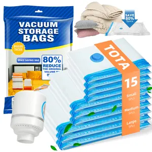 15 Pack Travel Vacuum Storage Bags with 1 Electric Pump (2025 New Upgrade) - Ultra-Compact, Lightweight Space Savers for Clothing & Travel Essentials for  Blankets and Comforters, Sealer Clothes Storage Reusable