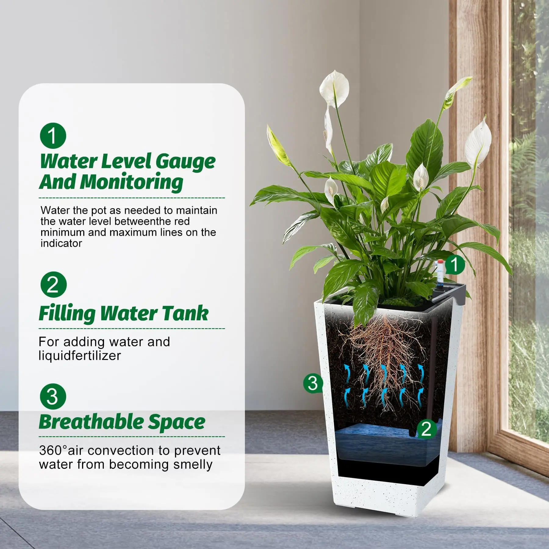Garvee 22.5-Inch Tall Breathable Planter Set of 2, Indoor-Outdoor Tapered Planters with Shelf Insert, Self-Absorbing Plastic Flower Pots for Front Porch Decor, White & Black Large Resin Pots