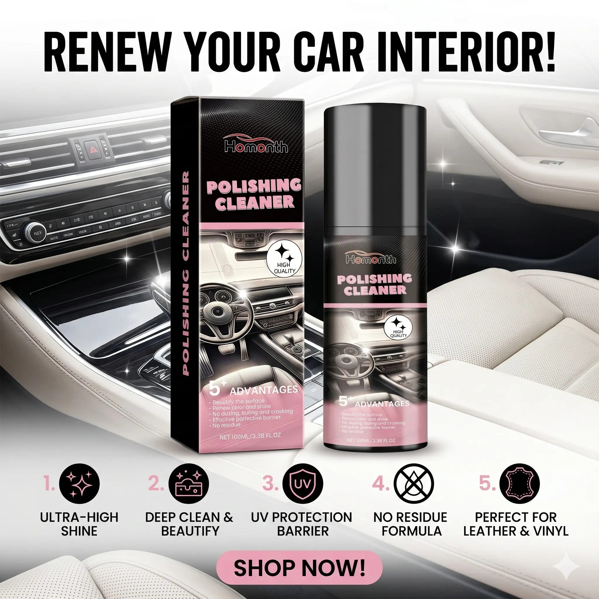 100ml Car Interior Renewal Polish & Cleaner - Auto Detailing Supplies with Glacial Acetic Acid, Enhances Shine and Texture for Automotive Surface Care, Car Detailing