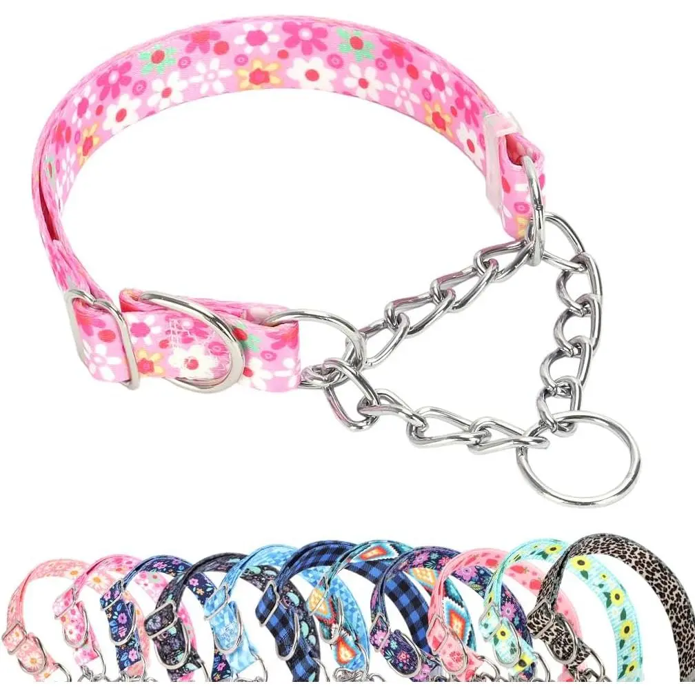 Chain Martingale Dog Collar, No Slip Choke Collar for Dogs Adjustable Buckle Stainless Steel Training No Pull Dog Choker Collar for Small Medium Large Pets Girls Female, Pink Floral L