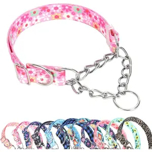 Chain Martingale Dog Collar, No Slip Choke Collar for Dogs Adjustable Buckle Stainless Steel Training No Pull Dog Choker Collar for Small Medium Large Pets Girls Female, Pink Floral L