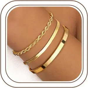CASSIECA 3-5 Piece Women's Bracelet Set: 14K Gold-Plated, Stackable Bracelets, Stainless Steel, Figaro, Beaded, Chain, Adjustable, Waterproof Gold Jewelry for Women