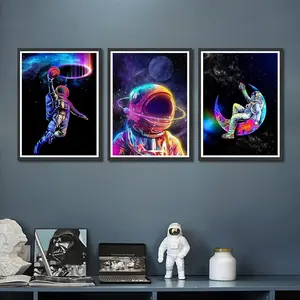 3pcs/set Unframed Surreal Astronaut Colorful Vibrant Cartoon Design Diving Skateboard Canvas Painting Space Galaxy Universe Aesthetic Art Poster Prints Modern Home Decor