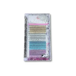 Holographic Tinsel Lash Extensions, Purple Blue Silver Gold, 0.03 CC Curl, 9-15mm Mixed Lengths, 16 Rows