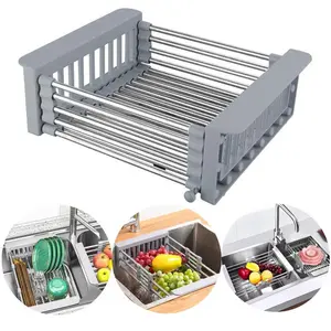 Retractable Drain Basket with Adjustable Armrest,Stainless Steel Kitchen Drying Rack,Over The Sink Dish Drying Rack,Adjustable Multi-function Water Filter Basket for Fruits. Organiser