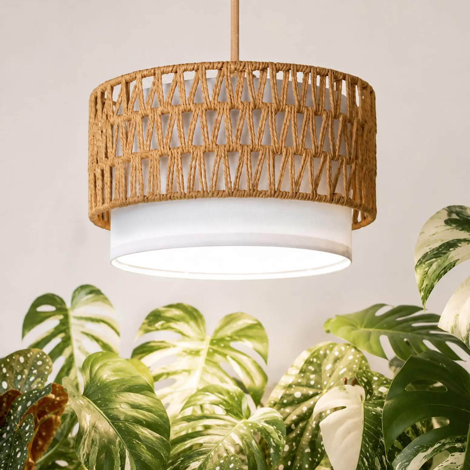 Boho Hanging Grow Light for Indoor Plants - 18W Dimmable Full Spectrum with Timer, 8 Inches Rattan & Linen Shade, Assembly Required, Boosts Bigger Leaves, Ideal for Monstera, Boho Beauty Decor