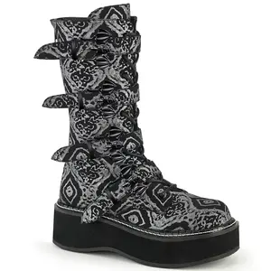 Demonia Emily-322 Black-Silver Faux Nubuck Leather Knee-high Boots