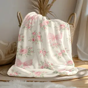 1pc 280Gsm Home Pink Rose, Pink Bow, Green Leaf Pattern Large Flannel Blanket, Sofa, Bed Blanket, Car Blanket, Outdoor Garden Warm Blanket