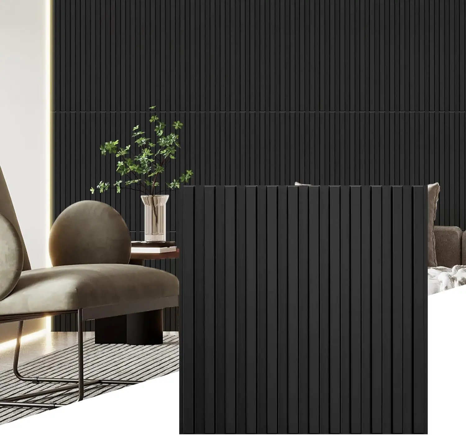 STICKGOO 12 Pcs 3D Slat Wall Panels, 19.7" x 19.7" Main String Wall Panels, Decorative PVC Wall Tiles, 3D Textured Wall Panels for Interior Wall Decor, 32 Sq.Ft - Black