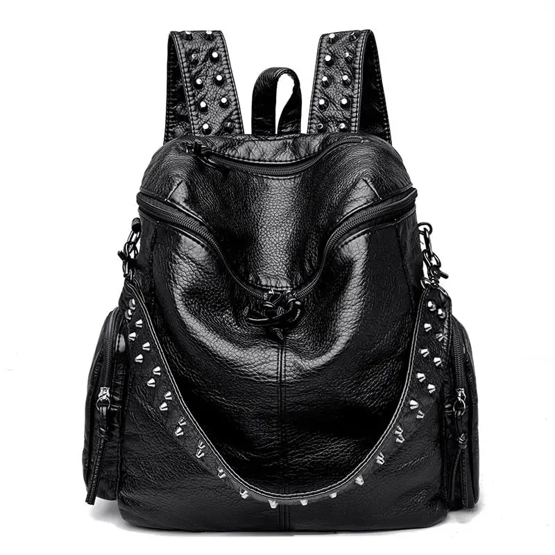Women's Large Capacity Studded Backpack Glossy Synthetic Backpack with Golden-Tone Hardware, Multi-Pocket Design & Golden-Tone Hardware, Work, Everyday Use