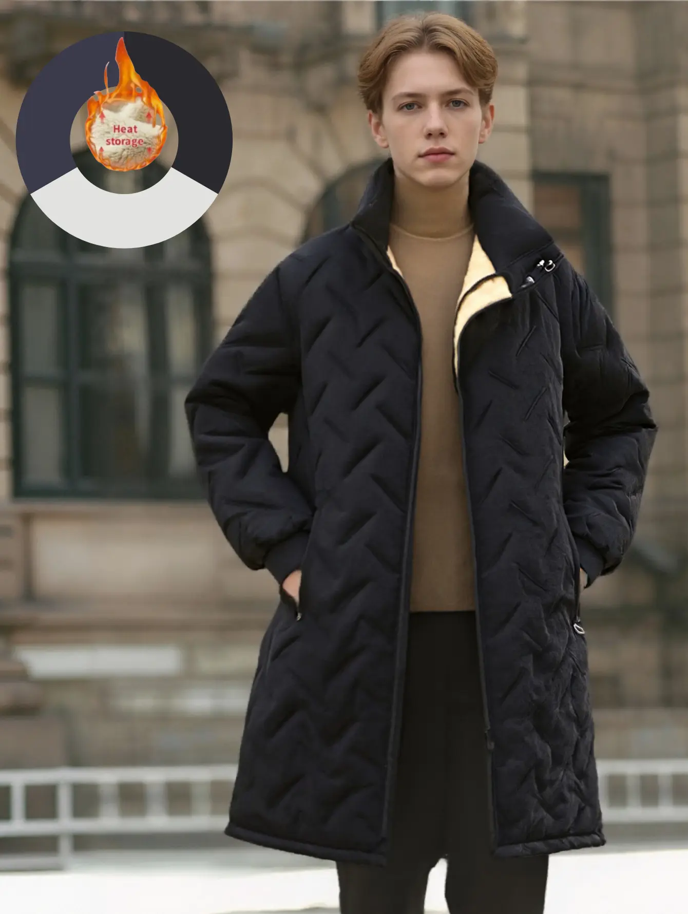 Men’s stand collar long insulated plush jacket with zipper closure, heat-sealed anti-leak cotton design, thick fleece lining, honeycomb thermal inner lining, loose straight fit.