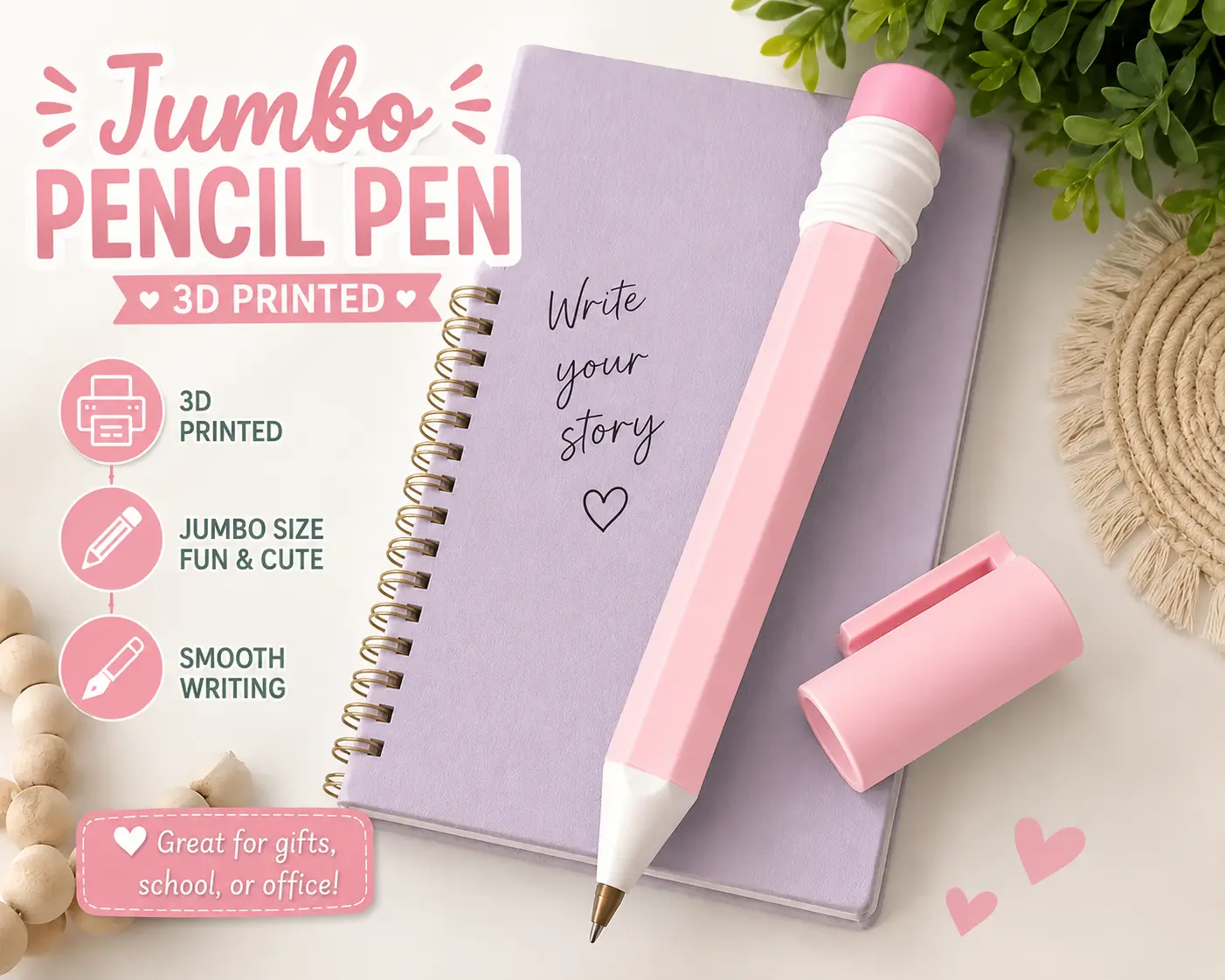 Pink | Girly | Teacher | 3D Printed Jumbo Pencil Pen | Oversized Novelty Ballpoint for Desk, School, Office