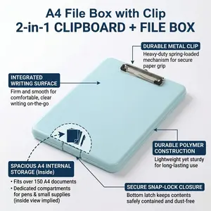 A4 2-in-1 Clipboard with Storage - Hard Case Writing Board & Document Organizer for School Office, Portable Paper Holder
